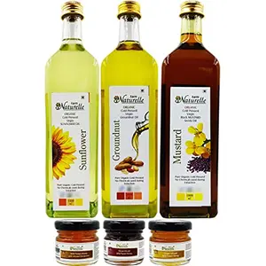 (Glass Bottles) Organic Virgin Pressed Sunflower Cooking Oil Groundnut / Peanut Oil and Black Mustard Oil-(1000MLX3) Along with Free 40 GMS-Ginger Infused Forest Honey