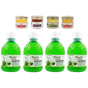 Farm Naturelle- 100 % Pure The Finest Aloevera Juice with Extra Fiber 400Ml 2+2 Free ( Pack of 4) and Free Honey 40g x 4