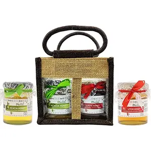 Farm Naturelle (Farm Natural Produce) Jute Gift Bag with Raw Natural Litchi & Forest Acacia Flower Honey -250 GMS Pack of 2