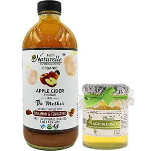 Farm Naturelle (Glass Bottle) Apple Cider Vinegar with Mother and Infused & Fenugreek (500 ml) Along with Raw Acacia Forest Honey 250 GMS (Glass Bottle)