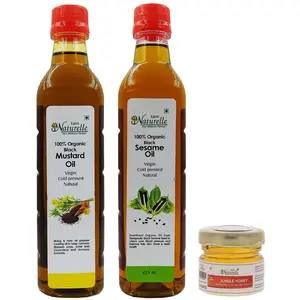Farm Naturelle- 2 Oils Organic Cold Pressed Virgin Mustard Oil |  (Kachi Ghani) Black Sesame Seed Oil | Gingelly/ Til Oil (415ml x 2) with Free 55 GMS Raw Forest Honey