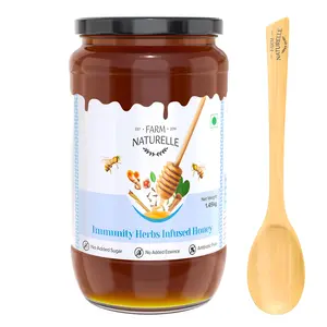 Farm Naturelle Honey-Immunity Herbs Infused Flower Honey| 100% Pure Honey, Raw Natural Honey, Un-processed - Un-heated Honey | Lab Tested Honey In Glass Bottle-1.45Kg and a Wooden Spoon.