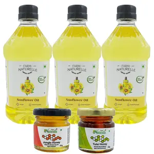 Farm Naturelle Organic Golden Sunflower Cooking Oil|  Virgin Cold Pressed (Kachi Ghani) Oil Pack (1 LTR x 3) + 2 nos 55g Raw Forest Flower Honey