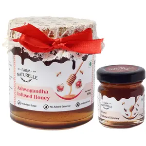 Farm Naturelle-100 % Pure Raw Natural Unprocessed Ashwagandha Infused Forest Honey|Ashwagandha Benafits 300g and Real Clove Infused Forest Honey 55g Combo-Immense Medicinal Value