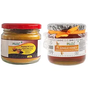 Farm Naturelle-Pure n Mountain Turmeric (Curcumin) with Black Pepper (Peperine) Powder -150 GMS with Raw Jungle Honey 450 GMS