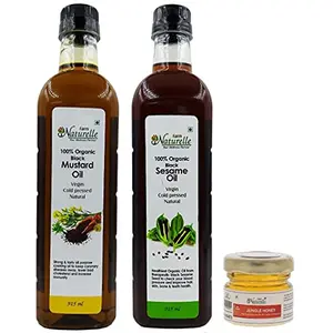 Farm Naturelle Organic (Kachi Ghani-Pressed) Mustard Oil (915Ml) & Black Seed/Gingelly Oil (915Ml) (Free-Any Forest Flower Honey -40 GMS)