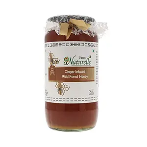 Farm Naturelle-Real Ginger Infused Forest Honey| 100% Pure & Natural Ingredients - Immense Medicinal Value |Lab Tested Clove Honey In Glass Bottle-1450gm and a Wooden Spoon.
