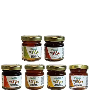 Farm Naturelle-(Pack of 6 x 55 Gms Infused Honey) (1 Raw Honey + 5 Infused Honey) /Honey Clove Honey Ginger Honey Turmeric Honey Honey Tulsi Honey