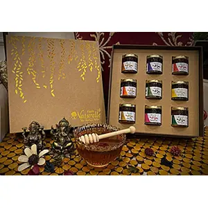 Farm Naturelle-Stunningly Beautiful Diwali Gift Box with 9 Finest Varieties of Honey (55 GMS x 9 pcs)-Brown Colour-with Designer Kraft Carry Bag