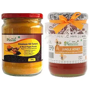 Farm Naturelle-Pure n Mountain Turmeric (Curcumin) with Black Pepper (Peperine) Powder -300 GMS with Raw Jungle Honey 700