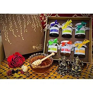 Stunningly Beautiful Corporate Diwali Gift Box Gifts Box-150  GMS x 6 Varieties of Raw Honey in Brown Color Box with Honey Dipper & Smart Kraft Carry Bag