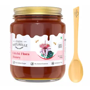 Farm Naturelle Honey -Raw Organic Litchi Wild Forest (Jungle) Honey | 100% Pure Natural Un-Processed -Un-Heated Litchi Honey | Lab Tested Honey In Glass Bottle-1000g+150gm Extra and a Wooden Spoon