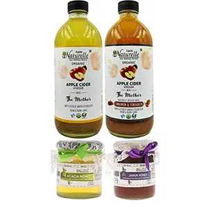 (2xGlass Bottle) Organic Apple Cider Vinegar with Mother (500 ml) and Another ACV with Infused & Fenugreek (500 ml) with Acacia & Jamun Flower Forest Honey- 250 GMS x2 (Glass Bottles)