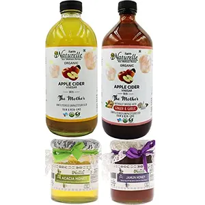 (2xGlass Bottle) Organic Apple Cider Vinegar with Mother (500 ml) and Another ACV with Infused Ginger & Garlic (500 ml) Along with Raw Acacia & Jamun Forest Honey- 250 GMS x2 (Glass Bottles)