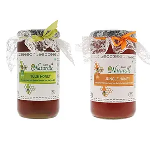 Farm Naturelle-Virgin 100% Pure Raw Natural Unprocessed Tulsi & Jungle Flower Forest Honey-(1 KG x 2) Glass Bottle