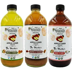 Farm Naturelle Organic Apple Cider Vinegar with Mother -Ginger and Turmeric and Fenugreek Ginger and Garlic (3 x 500 ml )