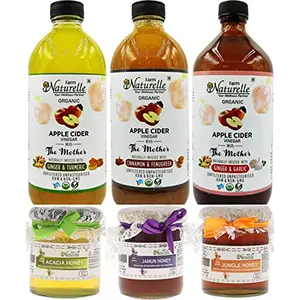 (3xGlass Bottle) Organic Apple Cider Vinegar with Mother (Ginger and Turmeric and Fenugreek & Ginger and Garlic) (3x500 Ml) with 3x250 GMS Raw (Acacia  Jamun Flower & Forest Honey)