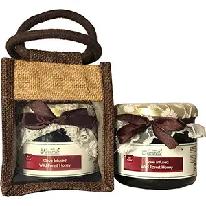 Farm Naturelle- Jute Gift Bag with Pure Raw Natural Unheated Unprocessed Real Clove Infused Forest Honey -450 GMS .