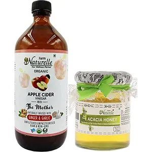 Farm Naturelle Organic Apple Cider Vinegar with Mother and Infused Ginger and Garlic (500 ml) Along with Raw Acacia Forest Honey 250 g (Glass Bottle)