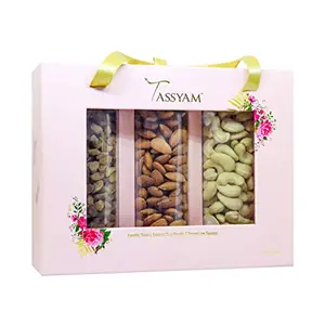 Tassyam Rose Gold Luxury Gift Box of W240 Cashews California Almonds & Afghani Green Raisins 500g