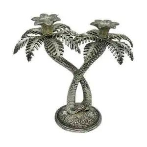 Prince Home Decor & Gifts White Metal Palm Tree Candle Stand Silver Plated for Home Decor Exclusive Gifts of Corporate GiftDiwali use Warming Gift