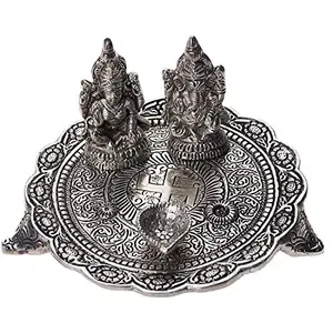Prince Home Decor & Gifts White Metal Silver Color Laxmi Ganesh Pooja Thali Set for Home Decor and Festive Decor