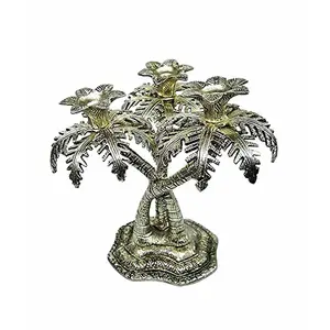 Prince Home Decor & Gifts White Metal Palm Tree Candle Stand Silver Plated for Home Decor Exclusive Gifts of Corporate GiftDiwaliuse Warming Gift