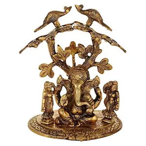 Ridhi Sidhi Ganesh Sitting Under Tree God Idols Gold Oxidized Finish for Home Decor for Diwali Corporate Gift Return Gifts