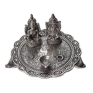Prince Home Decor & Gifts White Metal Laxmi Ganesh Statue On Lotus Flower Silver Plated for Home Decor