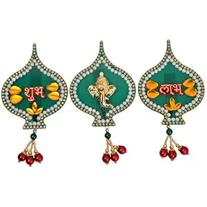 Dhara Arts & Creativity Acrylic Subh Labh Ganpati Stick (17 cm x 28 cm x 1 cm Green Set of 3 DA-263)