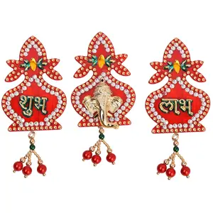 Dhara Arts & Creativity Acrylic Subh Labh Ganpati Stick (15 cm x 20 cm x 1 cm, Red, Set of 3, DA-254)