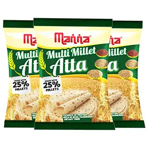 Manna Multigrain Atta / Multi Millet Atta 3Kgs | Diabetic Friendly | Low GI Wheat Flour with 25% Millets | High Protein & Fibre | Low Sugar | for Weight Loss (3X1Kg Packs)