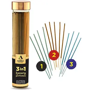 The Aroma Factory Luxury 3 in 1 Incense Sticks (0% Charcoal) Agarbatti | Lo Smoke Room Freshener for Pooja Meditation | Bottle 100g