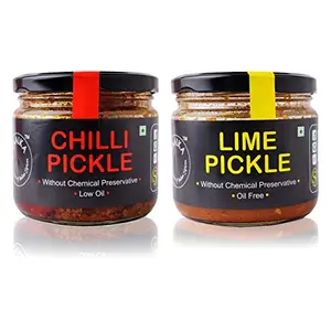 Zaaika Chilli and Lime Pickle Low Oil mirchi or nimbu achaar 600 Grams (Pack of 2 - Chilli Pickle 300Gm and Lime Picke 300GM)