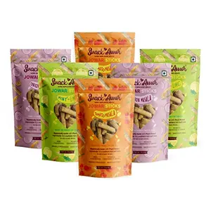 SnackAmor 3 Unique Flavors of Jowar Sticks Multigrain Puffs - Onion Masala Tomato Masala and Mint and Lime 100% Vegetarian Product ( Combo Pack of 6 50 Grams Each )
