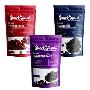 SnackAmor Healthy And Ready To Eat Dried Combo Pack Of Blueberry 100g Cranberry 100g & Blackcurrant 100g Best Immunity Booster  Non-GMO Low Sugar Low Fat 100% Vegetarian Product (300 gm Pack of 3)