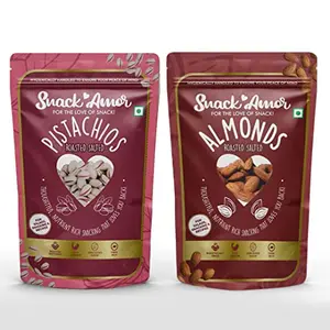 SnackAmor | Roasted Salted Pistachios & Roasted Salted Almonds | High Protein and Fiber Rich | Gluten Free | Dry Fruit Super Crunchy and Delicious Healthy Snack Pouch | (Pack of 2x170gm)