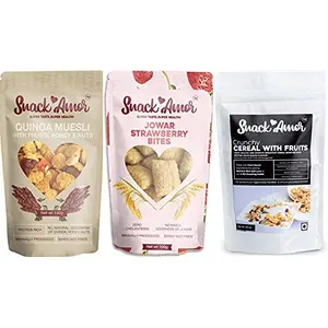 SnackAmor Healthy Ready to Eat Snacks Combo Pack Of Quinoa Muesli (150g) Jowar Strawberry Bites (150g) & Crunchy Cereals With Fruits (150g) Healthy Breakfast 100% Vegetarian Product