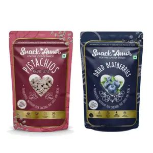 SnackAmor | Roasted Salted Pistachios & Dried Blueberries | High Antioxidant | Great for Salad | Rich Fibers & Low Cholesterol with Zero Trans Fat |Non Fried Zero Oil | (Pack of 2)(Pista 1x270gm Blueberries 1x100gm)