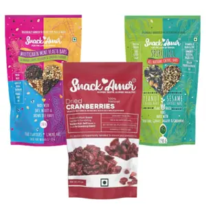 SnackAmor Healthy Snacks Combo Of Healthy Mini Bars With 4 Flavour 150g Spirulina Chikki With 2 Flavour 150g & Dried Cranberry 100g Healthy Diet Snacks 100% Vegetarian Product