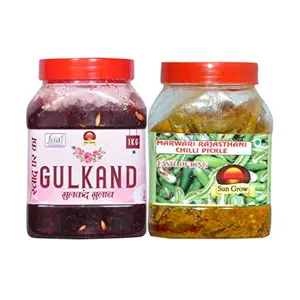 Sun Grow Food (Combo Pack Of 2kg) Home Made Organic Gulkand Gulab ||Traditional Marwadi Rajasthani Flavor, Tasty || (Meetha -Pan Flavour) - 1kg--&-- ( Without Oil) Homemade Marwadi Rajasthani Green Chilli Pickle Lambi ( LONG) Hari mirch ka achar 1kg