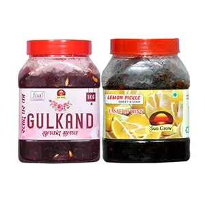 Sun Grow Food( Combo Pack Of 2kg) Home Made Organic Gulkand Gulab ||Traditional Marwadi Rajasthani Flavor, Tasty || (Meetha -Pan Flavour) - 1kg--&-- Organic Homemade Gujrati Sweet and Sour Black Lemon Pickle Achaar, 1 Kg (To Serve From 2 States)