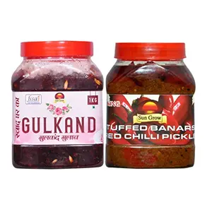 Sun Grow Food (Combo Pack Of 2kg) Home Made Organic Gulkand Gulab ||Traditional Marwadi Rajasthani Flavor, Tasty || - 1kg--&-- Homemade Stuffed Banarasi Red Chilli Pickle ( Real Taste of Banarasi Pickles) ||Traditional Banarasi Flavor, Tasty & Spicy || 1K