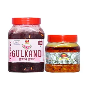 Sun Grow (COMBO PACK OF 2) Sun Grow Food (MARWARI Rajasthani GULKAND) Home Made Organics Natural Gulkand Made from Damask Rose Petals | Gives Relief from Acidity, Purifies Blood, Improves Digestion 1kg--&-- Sun Grow Food Homemade Garlic Pickle, Traditiona