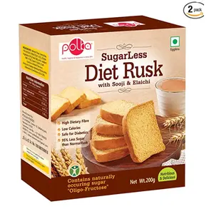 POLKA Sugar Less Diet Rusk With Suji & Elaichi - Pack Of 2 - 400 g I High Fibre Digestive Biscuits Rusk I Sugar Free Snacks Substitute I Diet Snacks I diabetic snacks I Good For You food items Toast