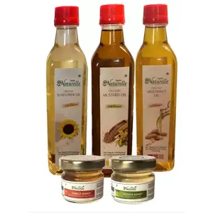 Virgin Cold Pressed Oil (Mustard Oil, Groundnut (Peanut) Oil, Sunflower Oil  - 415 ML each (Pack of 3) With Free Forest Honey - 40 GR X 2 - Organic Certified