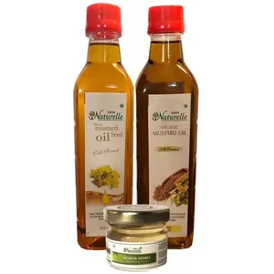 Virgin Mustard Oil (From Black Seed) & Mustard Oil (From Yellow Seeds) - 415 ML each (Pack of 2) With Raw Forest Honey - 40 GR (1.41 OZ) - Organic Certified