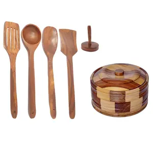 Beautiful Wooden Antique Handcrafted Chapati Box, With 4 Cooking Spoon, 1 Masher, Pack Of 6