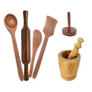 Wooden Spoon Set 1 Frying, 1 Serving, 1 Masher, 1 Chapati Roller, 1 Grinder 1 Kitchen Ware Spoon