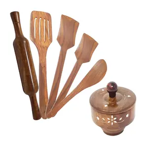Wooden Handicrafts 1 Bowl, 4 Cooking Spoon, 1 Rolling Pin, Pack Of 6